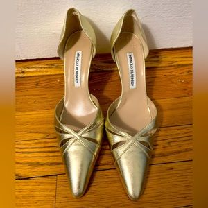 Manolo Blahnik gold leather laser cut D'Orsay pumps
